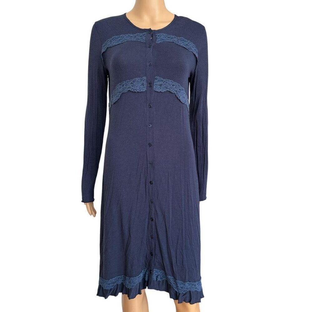 Intimissimi navy blue open front button closure nightshirt dress lace detail S